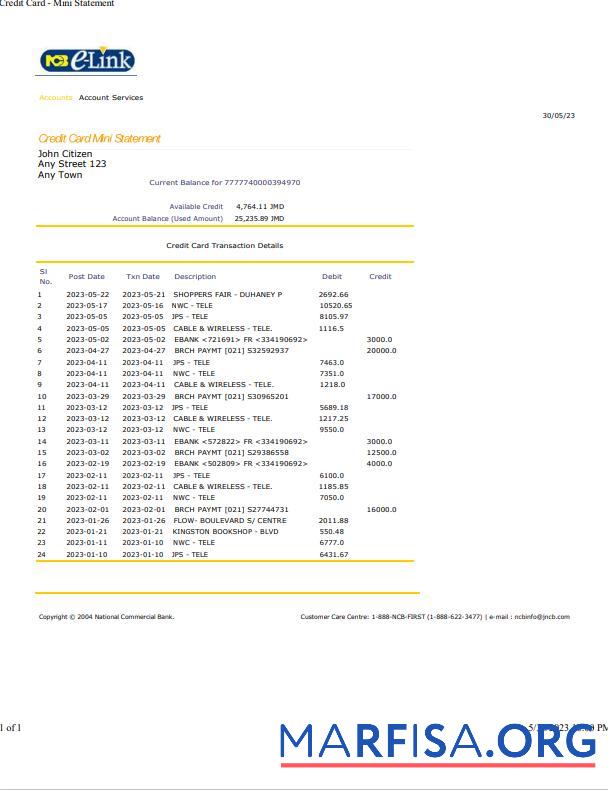 Downloadable Jamaica National Commercial bank statement word download for verification